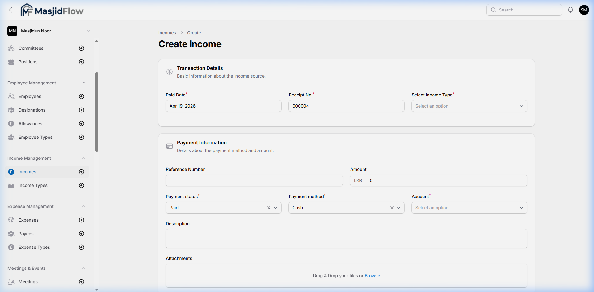 Create Income Form
