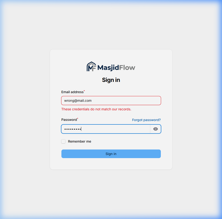 Invalid credentials error